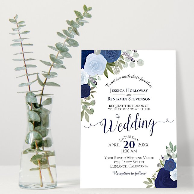 Rustic Blue Watercolor Roses Boho Floral Wedding Invitation (Creator Uploaded)