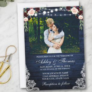 Rustic Blue Wedding Floral Wood Lights Lace Photo Invitation