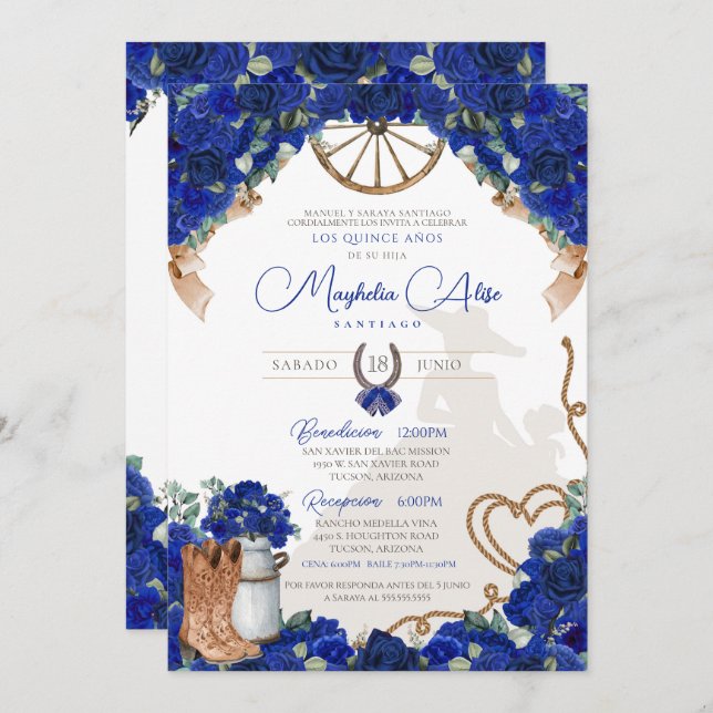 Rustic Blue Western Charro Quinceañera Invitation (Front/Back)