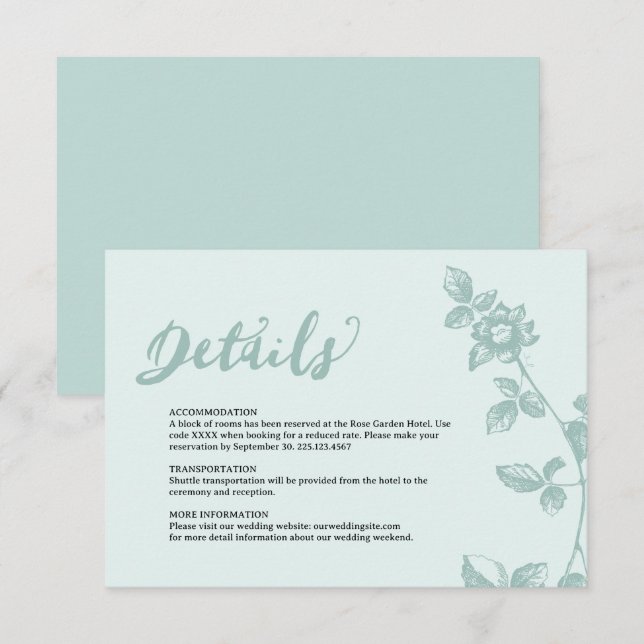 Rustic Blue Whimsical Floral Details Enclosure Card (Front/Back)