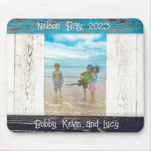 Rustic Blue White Beach Wood Photo Frame Mouse Pad