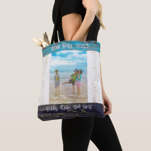 Rustic Blue White Beach Wood Photo Frame Name Tote Bag
