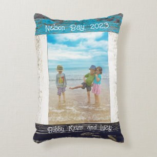 Rustic Blue White Beach Wood Text Photo Frame Decorative Cushion