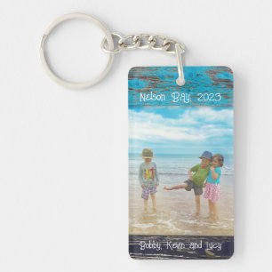 Rustic Blue White Beach Wood Text Photo Frame Key Ring