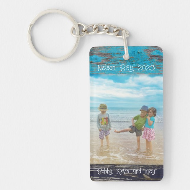 Rustic Blue White Beach Wood Text Photo Frame Key Ring (Front)