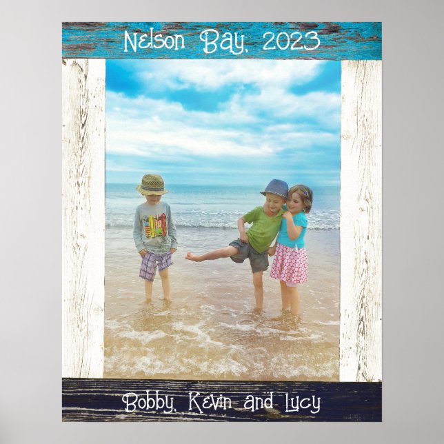 Rustic Blue White Beach Wood Text Photo Frame Poster (Front)