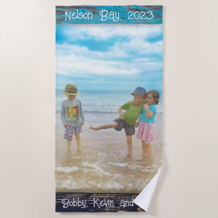 Rustic Blue White Beach Wood Text Photo Frame Towel
