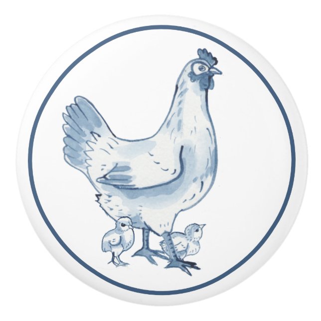 Rustic Blue & White Chicken Hen Chicks Country Ceramic Knob (Front)