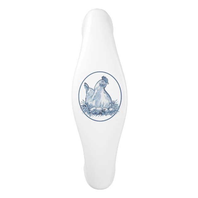Rustic Blue & White Chicken Hen Country Delft Ceramic Cabinet Pull (Front)
