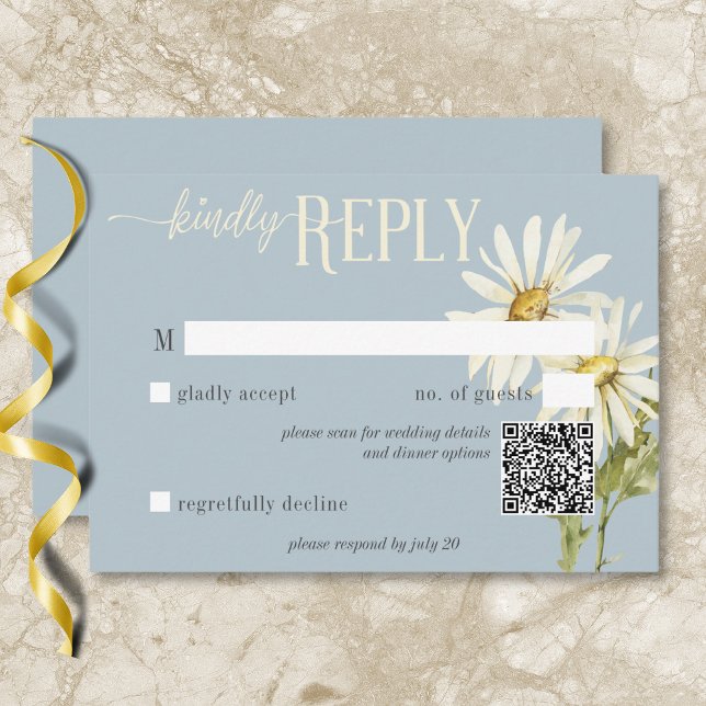 Rustic Blue & White Daisies QR Code RSVP Card (Rustic Blue & White Daisies QR Code RSVP Card)