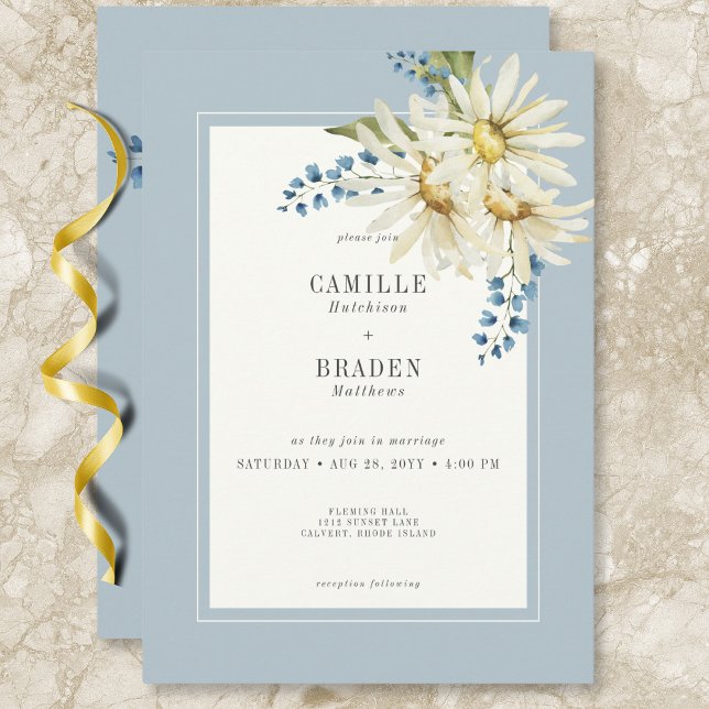 Rustic Blue & White Daisies Wedding Invitation (Rustic Blue & White Daisies Wedding Invitation)