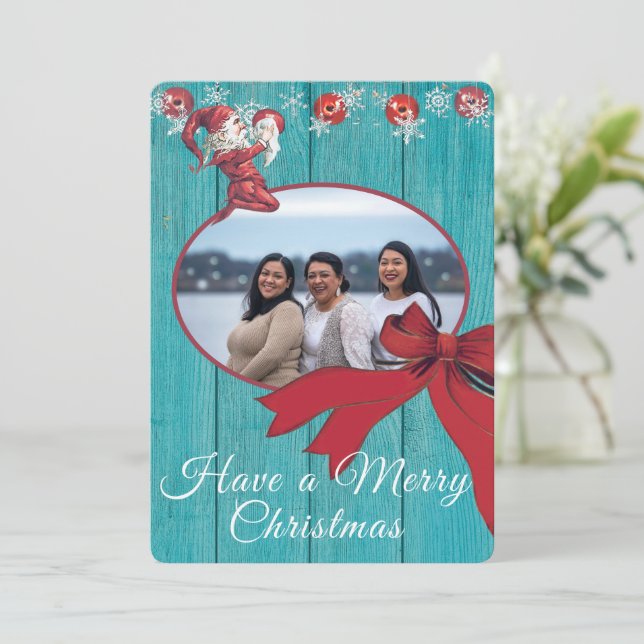 Rustic Blue White Red Elf Family Photo Holiday Card (Standing Front)