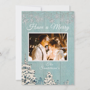 Rustic Blue White Winter Snow Family Photo Holiday Card