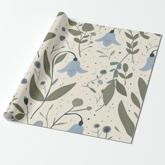 Rustic Blue Wildflower Pastel Vintage Boho Wrapping Paper (Unrolled)