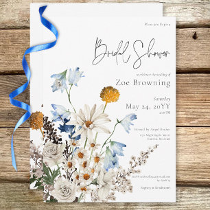 Rustic Blue Wildflowers & Daisies Bridal Shower Invitation
