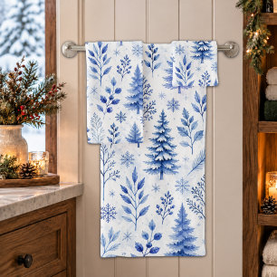 Rustic Blue Winter Botanical Woodland Bath Towel Set