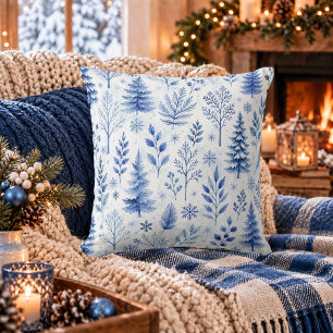 Rustic Blue Winter Botanical Woodland  Cushion