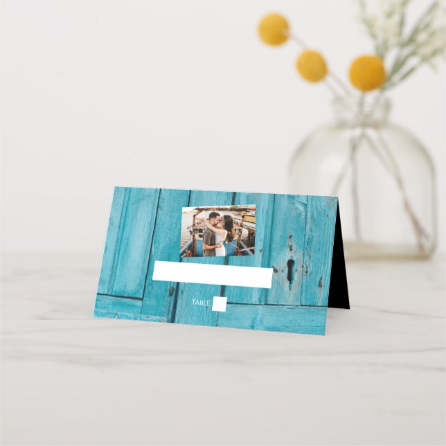 Rustic Blue Wood 1 Photo Wedding Place Card (Front)