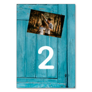 Rustic Blue Wood 2 Photos Wedding  Table Number