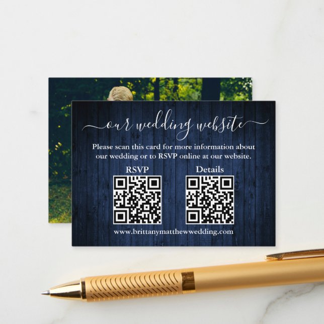 Rustic Blue Wood 2 QR Photo Wedding RSVP Details Enclosure Card (Front/Back In Situ)