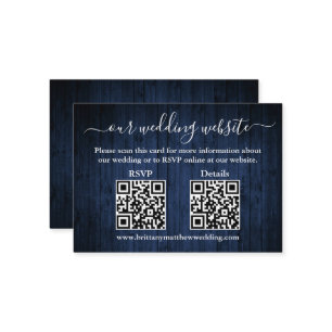 Rustic Blue Wood 2 QR Wedding RSVP Details Enclosure Card
