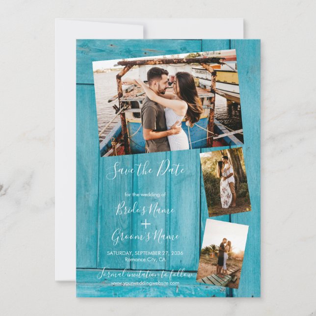 Rustic Blue Wood 3 Photos Wedding Save The Date (Front)