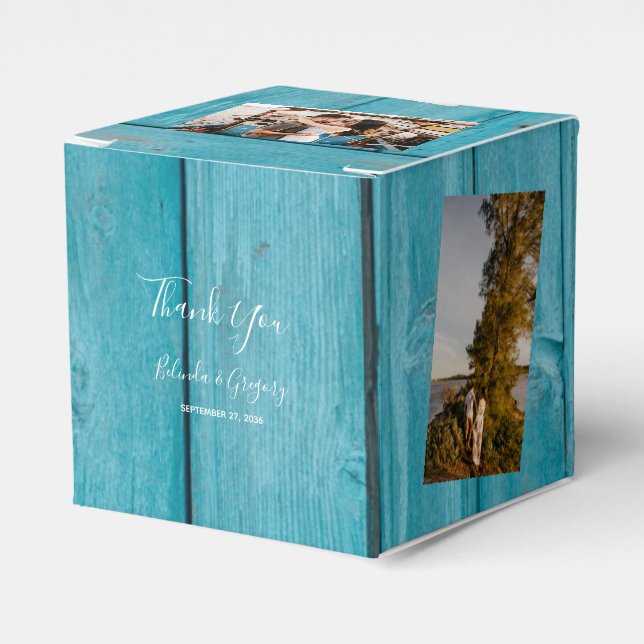 Rustic Blue Wood 4 Photos Wedding Favour Box (Front Side)