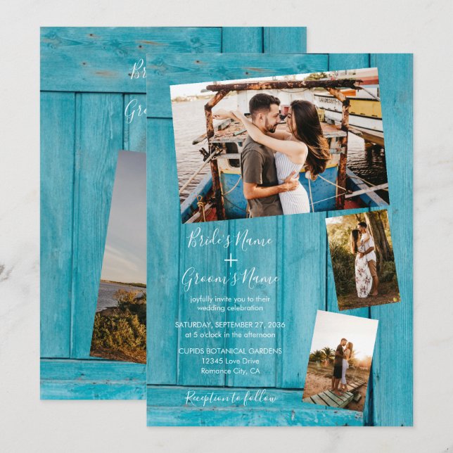 Rustic Blue Wood 4 Photos Wedding Invitations (Front/Back)