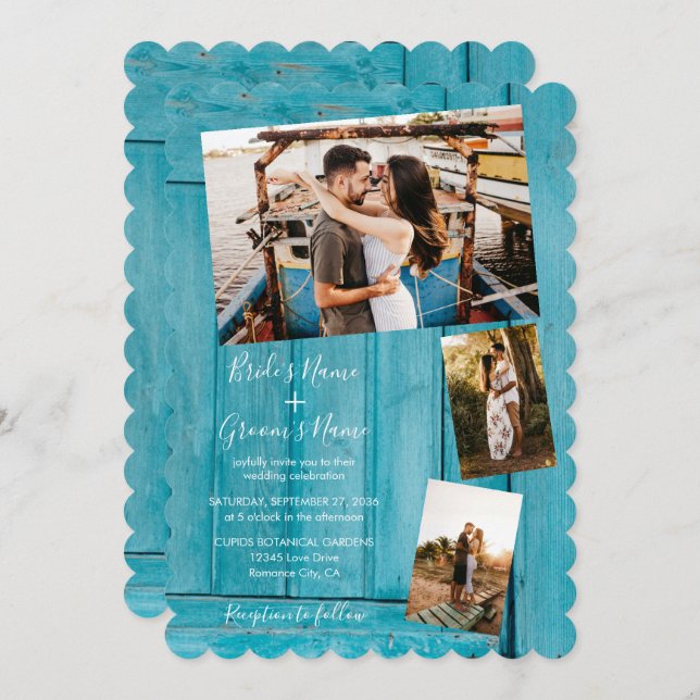 Rustic Blue Wood 4 Photos Wedding Invitations (Front/Back)