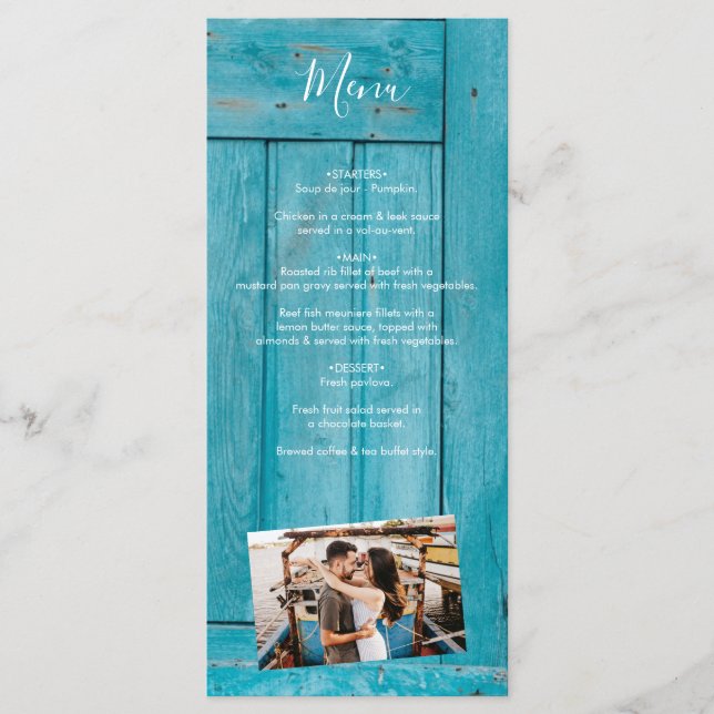 Rustic Blue Wood 4 Photos Wedding Menu (Front)
