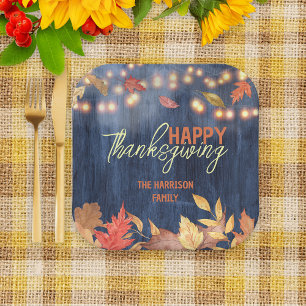 Rustic Blue Wood Autumn Leaves Thanksgiving Paper Plate