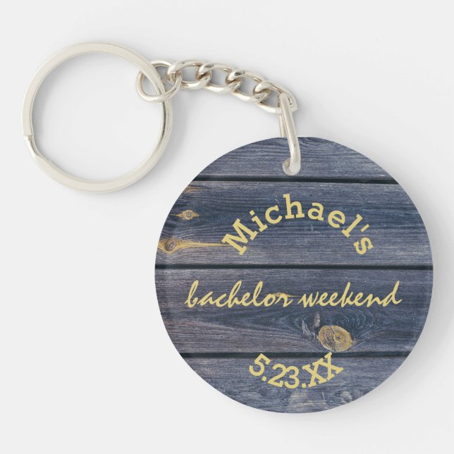 Rustic Blue Wood | Bachelor Weekend Monogram Key Ring (Front)