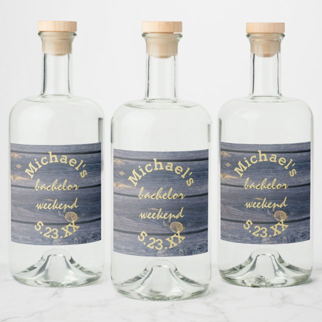 Rustic Blue Wood | Bachelor Weekend Monogram Liquor Bottle Label (Bottles)