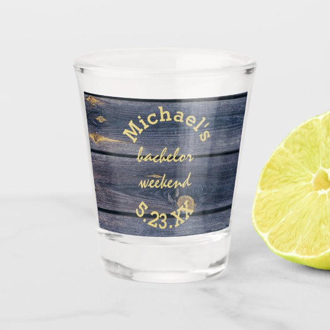 Rustic Blue Wood | Bachelor Weekend Monogram Shot Glass (Front)