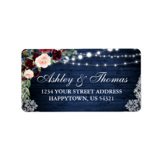 Rustic Blue Wood Burgundy Blue Floral Address Label