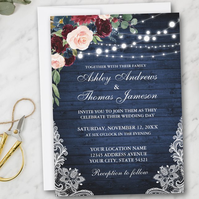 Rustic Blue Wood Burgundy Blue Floral Wedding Invitation (Customize to add more text or photos to back of card.)
