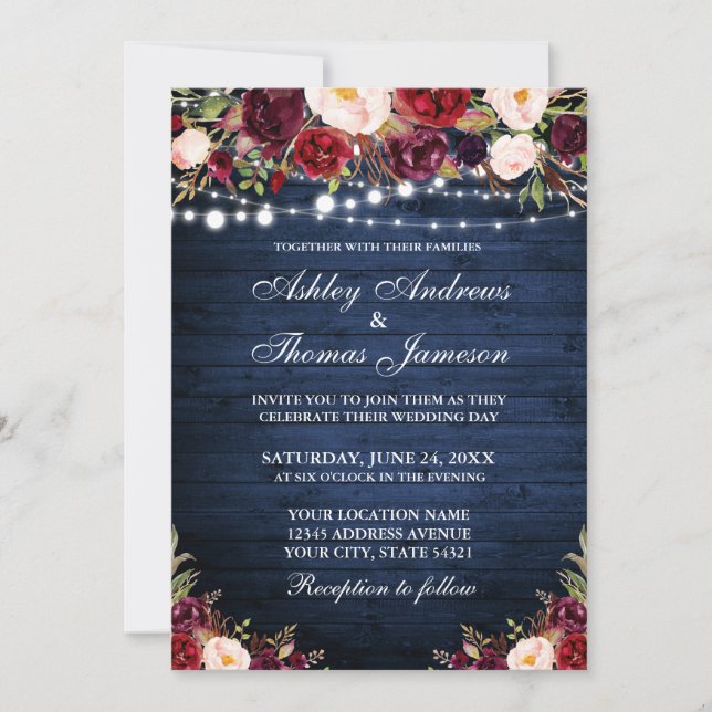 Rustic Blue Wood Burgundy Floral Lights Wedding Invitation (Front)