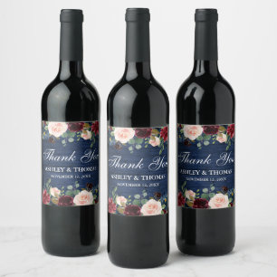 Rustic Blue Wood Burgundy Floral Wedding Thank You Wine Label