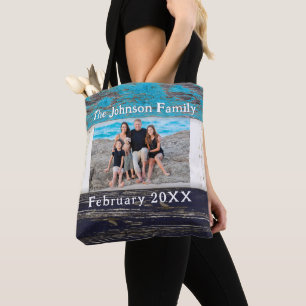 Rustic Blue Wood Family Name Photo Frame Tote Bag