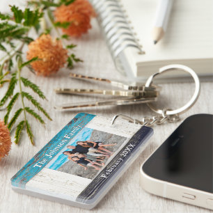 Rustic Blue Wood Family Name Photo Key Ring