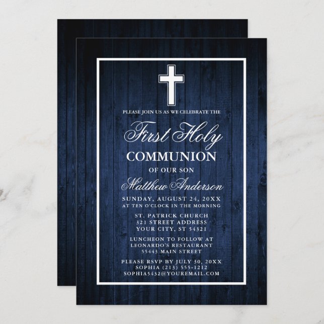 Rustic Blue Wood First Holy Communion Invitation (Front/Back)