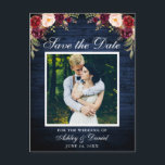 Rustic Blue Wood Floral Burgundy Save the Date Announcement Postcard<br><div class="desc">Rustic Blue Wood Save The Date Engagement Photo Postcard - Watercolor Burgundy Marsala Floral,  White Frame</div>