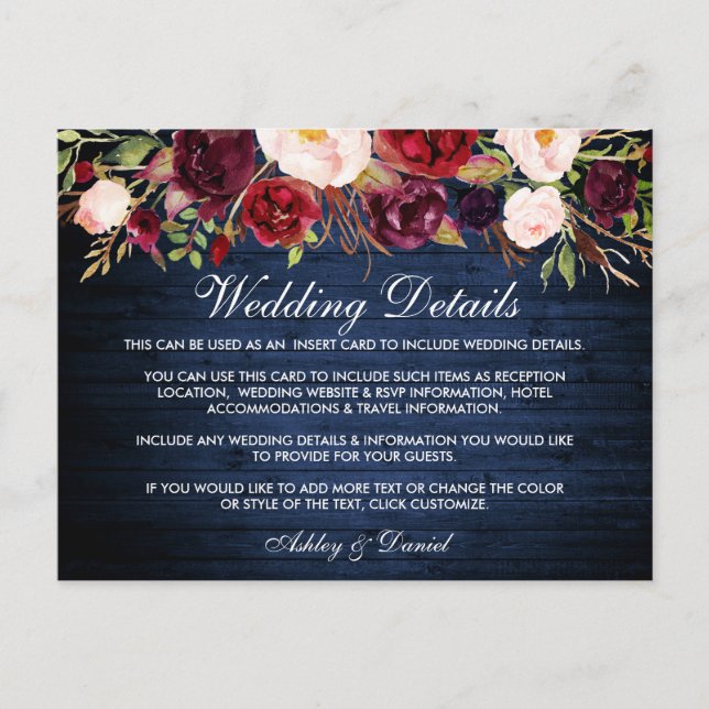 Rustic Blue Wood Floral Wedding Details Card (Front)