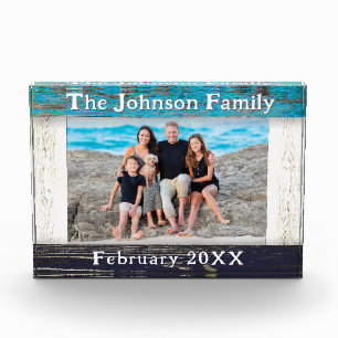 Rustic Blue Wood Frame Family Name  Photo Block