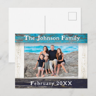 Rustic Blue Wood Frame Family Name Photo Postcard