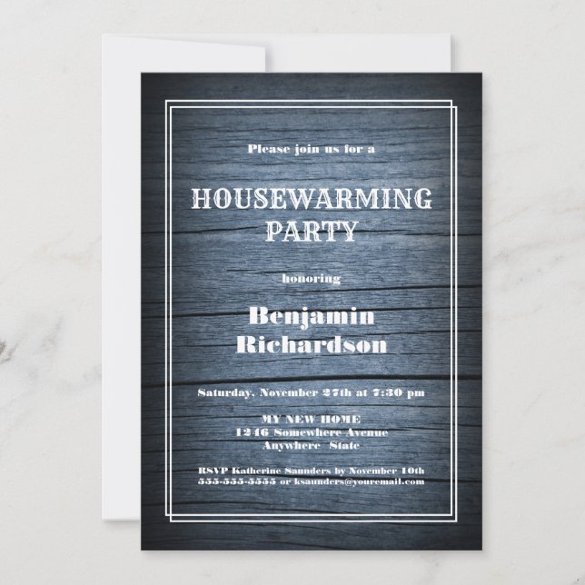Rustic Blue Wood Housewarming Party Invitation (Front)