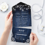 Rustic Blue Wood Jar Lights Lace Wedding All In One Invitation<br><div class="desc">Rustic Blue Wood Mason Jar String Lights and Lace Wedding All In One Invitation with RSVP Card</div>
