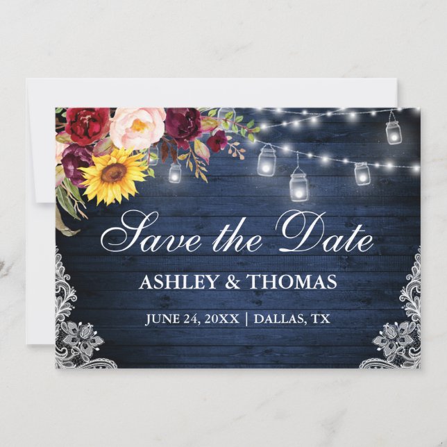 Rustic Blue Wood Jar Lights Mixed Floral Lace Save The Date (Front)