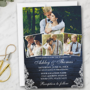 Rustic Blue Wood Lace 4 Photo Wedding Invitation