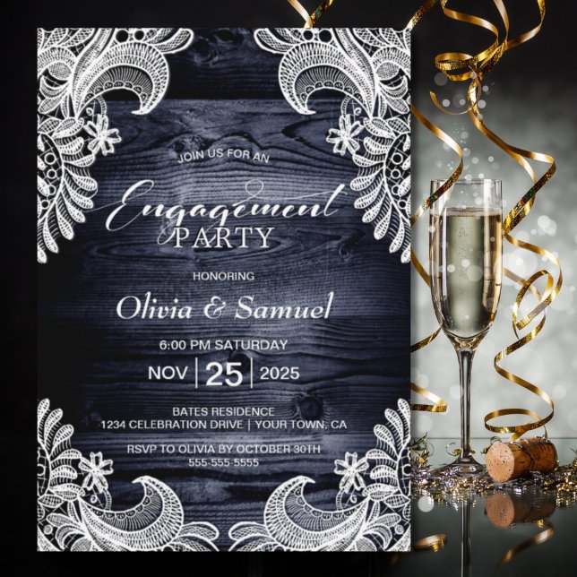 Rustic Blue Wood Lace Engagement Party Invitation (Creator Uploaded)